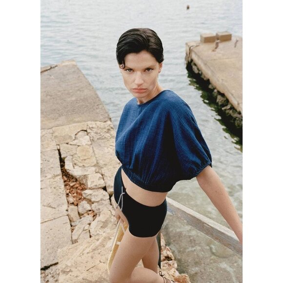 Mango Puffed-Sleeve Cotton denim Cropped Top Night Blue Chambray XS - Picture 9 of 12